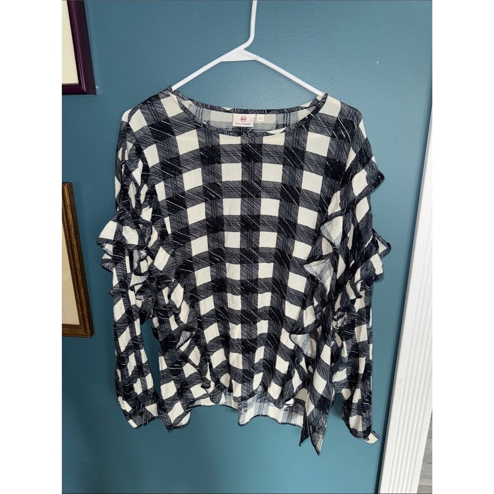 Ag Adriano Goldschmied Black & White Ruffle Plaid Blouse